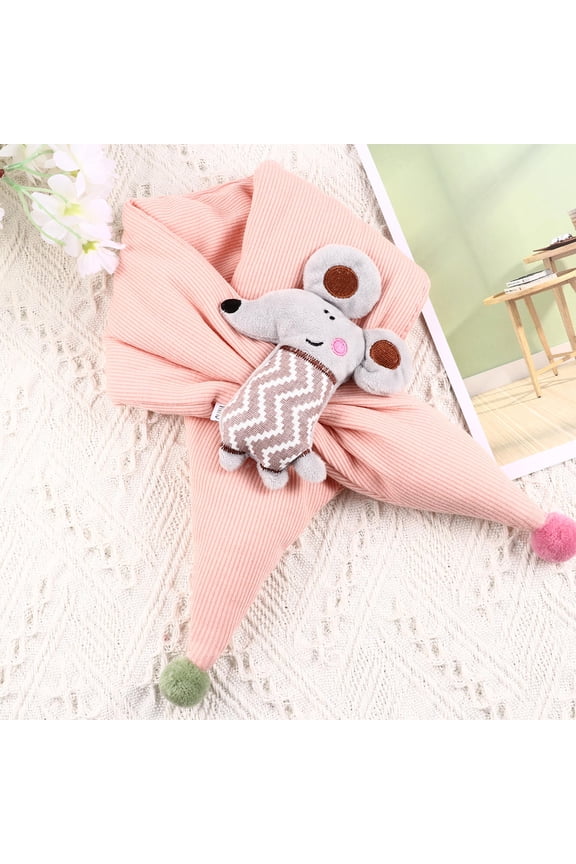 Autumn Winter Warm Cross Scarf in Pink with Cute Little Mouse Design for Cold Protection