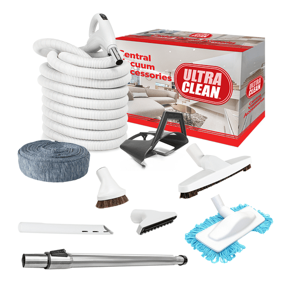 ULTRA CLEAN Central Vacuum BEST Hardwood Accessory Kit - Low Voltage 24 V Hose with on/off Switch Swivel Handle - Telescopic Wand, Deluxe Tool Set, Hose Cover, Dust Mop, Storage Tool (35 ft, White)