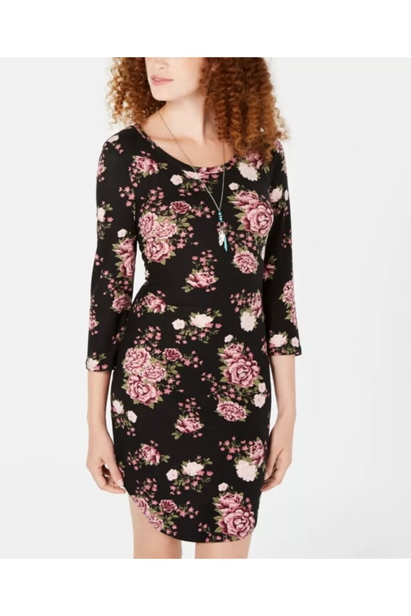 Womens Black Stretch Floral 3/4 Sleeve Scoop Neck Short Party Body Con Dress S