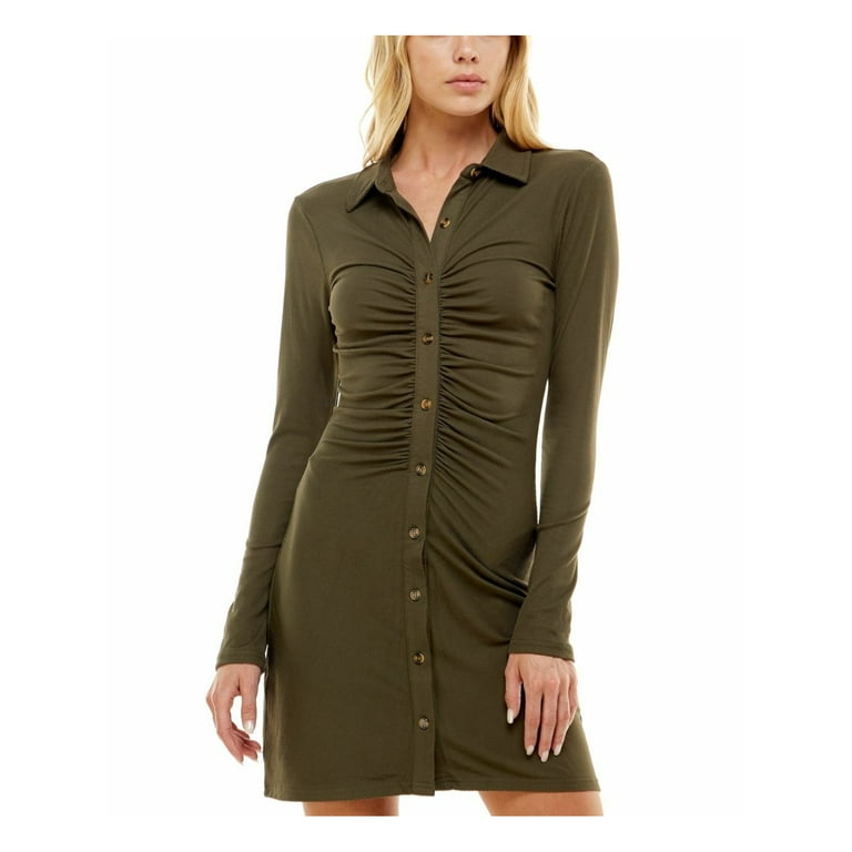 ULTRA FLIRT Womens Green Stretch Ruched Fitted Button-down Long Sleeve Collared Short Party Shirt Dress Juniors S