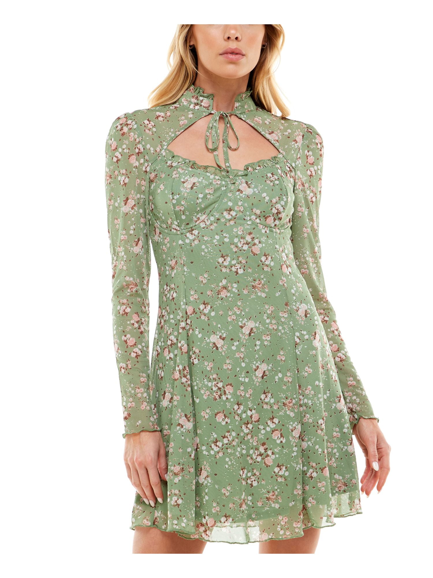 ULTRA FLIRT Womens Green Stretch Ruffled Tie Cutout Top Front Lined Floral  Long Sleeve Tie Neck Short Party Fit + Flare Dress M - Walmart Business  Supplies