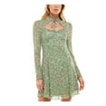thumbnail image 1 of ULTRA FLIRT Womens Green Stretch Sheer Tie Cutout Top Front Lined Floral Long Sleeve Mock Neck Short Party Fit + Flare Dress Juniors XL, 1 of 1
