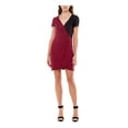 thumbnail image 1 of ULTRA FLIRT Womens Maroon Stretch Ruched Pleated Pullover Color Block Short Sleeve Surplice Neckline Short Faux Wrap Dress XS, 1 of 3