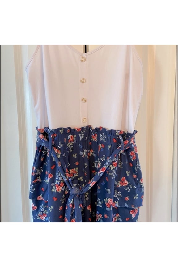 Womens Navy Gathered Pocketed Tie Waist Floral Spaghetti Strap V Neck Wide Leg Romper Juniors XL