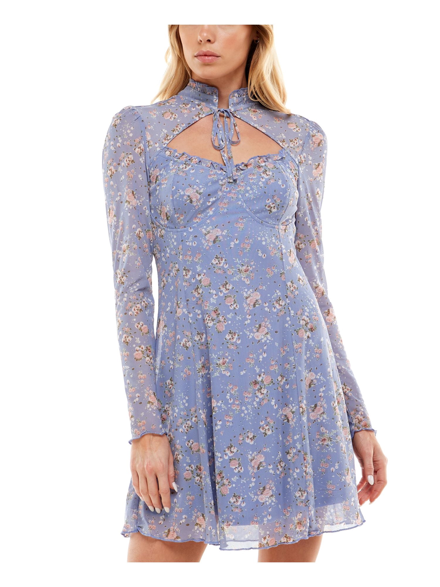 Pruple Ruffland ULTRA FLIRT Womens Purple Ruffled Sheer Cutout Lined Floral Long Sleeve ...