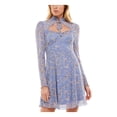thumbnail image 1 of ULTRA FLIRT Womens Purple Ruffled Sheer Cutout Lined Floral Long Sleeve Tie Neck Short Party Fit + Flare Dress Juniors M, 1 of 1