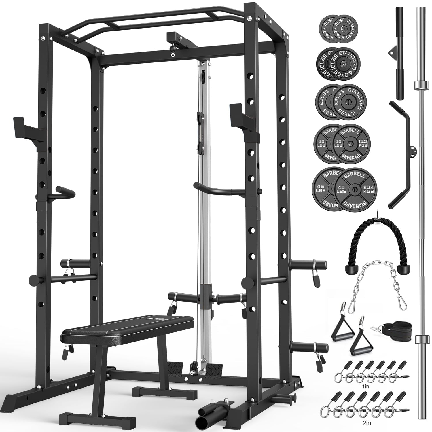 ULTRA FUEGO Power Cage, Multi-Functional Power Rack with J-Hooks, Dip Handles, Landmine Attachment and Optional Cable Pulley System for Home Gym with 150 Weight plates ,bench,Olympic Bar