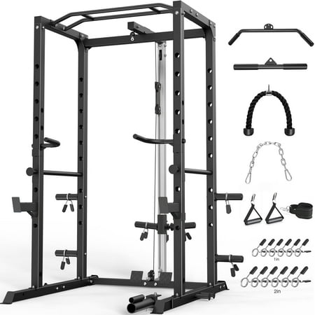 ULTRA FUEGO Power Cage, Multi-Functional Power Rack with J-Hooks, Dip Handles, Landmine Attachment and Optional Cable Pulley System for Home Gym,BLK