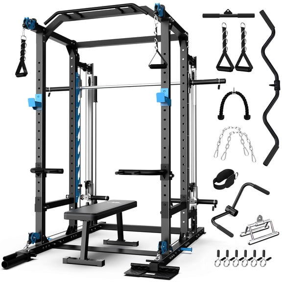 ULTRA FUEGO Smith Machine, All-in-One Power Cage with Dual Pulley System & 360 Landmine, Space-Saving Squat Rack for Full Body Workouts