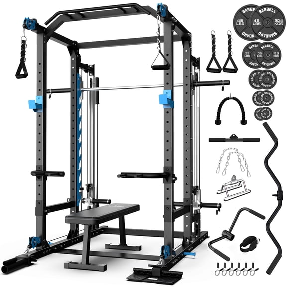 ULTRA FUEGO Smith Machine Ultimate Bundle, All-in-One Power Cage with 240lbs Plates & Weight Bench, Dual Pulley System Home Gym with Landmine