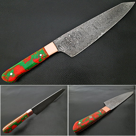 ULTRA SHARP Santoku Forged Chef Knife Damascus Steel Red/Green Resin Grips