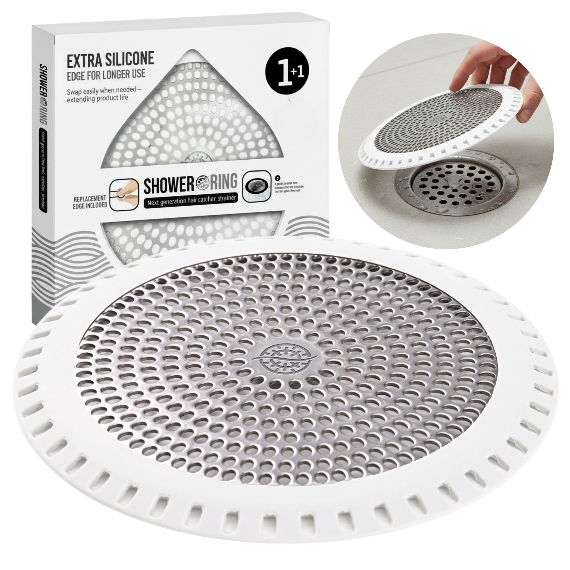 Ultra Hair Catcher Strainer Drain Protector Drain Catches, Ultra ShowerRing 5" Drain Cover | Stainless Steel Hair Trap with Silicone Rim | High-Flow Strainer Prevents Clogs - White