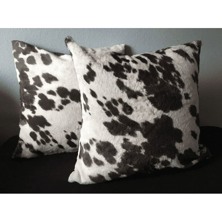 ULTRA SOFT Chocolate Brown Cow Print Short Furry Home Decor Throw Pillows 18  by 18 Inch Set of 2 