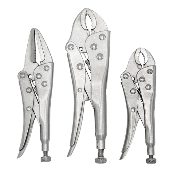 ULTRA STEEL 3-Piece Locking Plier Set, Carbon Steel Drop Forged Heat Treated, 5", 6-1/2", 7", Nickel Plated, Curved Jaw and Long Nose Jaw