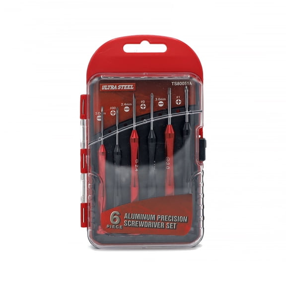 ULTRA STEEL 6-Piece Aluminum Precision Screwdriver Set, Chrome Vanadium Steel, Phillips and Slotted, with Plastic Case, for laptop and home electrical items repair and assembly