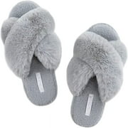 ULTRAIDEAS Women's Cross Band Fuzzy Fluffy House Shoes, Open Toe Slide Bedroom Slippers