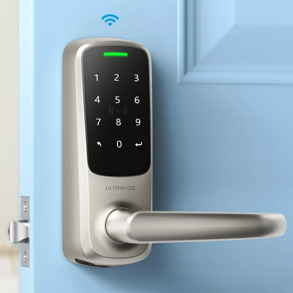ULTRALOQ Latch 5 World's First Built-in WiFi Smart Lock with NFC, 5-in-1 Keyless Entry with App Control, Smart Door Handle Lock with Touch Digital Keypad, Satin Nickel C94