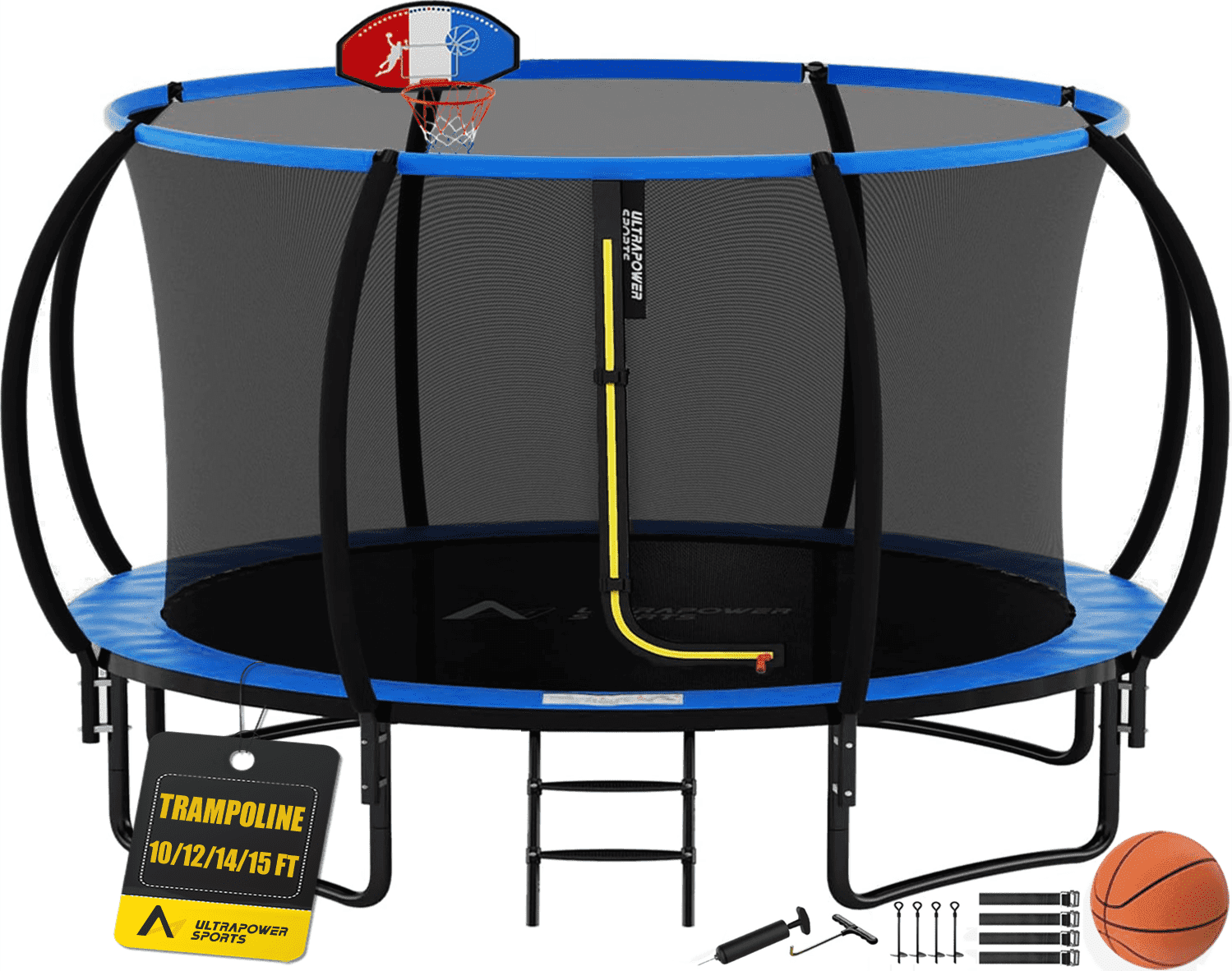 14 FT Trampoline Outdoor 14 FT Trampoline with Basketball Hoop Trampoline with Safety Enclosure Net Heavy Duty Anti Rust Coating Recreational