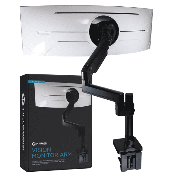 ULTRARM Heavy Duty Monitor Arm for Ultrawide Monitors up to 57" and 44 lbs, Single Desk Stand, Pneumatic Height Adjustable, Modular Extension Arms - Max VESA 100x100, Black, MA20P-S