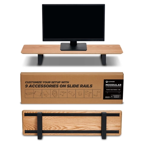 ULTRARM Moodular Wooden Monitor Stand 33.4” (85cm) Desk Organizer with Metal Slide Rails for Drawer, Tray, Laptop, Tablet, Phone & Headphones Customizable Riser for Organized Workspace Oak MS85-O