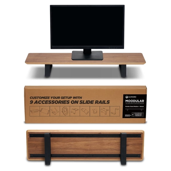 ULTRARM Moodular Wooden Monitor Stand 33.4” (85cm) Desk Organizer with Metal Slide Rails for Drawer, Tray, Laptop, Tablet, Phone & Headphones Customizable Riser for Organized Workspace Walnut MS85-W