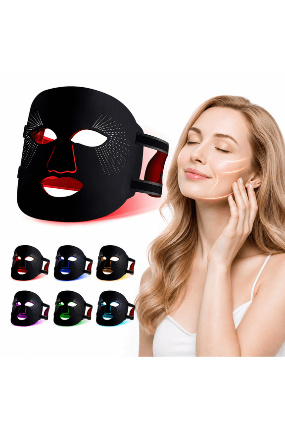 LED Face Mask, 7 Color Light Therapy Facial Mask with 288 LEDs, Soft Silicone Skin Care Mask with Wired Controller, Eye Inserts and 5/10/15 Min Timer, Black