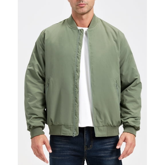 ULUSERN Men's Jackets-Bomber Jacket Fall Winter Warm Windbreaker Full Zip Casual Padded Coats (L,Green)