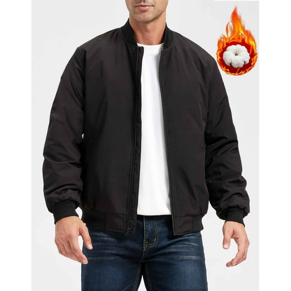 ULUSERN Men's Jackets-Bomber Jacket Fall Winter Warm Windbreaker Full Zip Casual Padded Coats (L,Black)