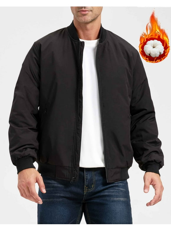 Men's Jackets-Bomber Jacket Fall Winter Warm Windbreaker Full Zip Casual Padded Coats (L,Black)