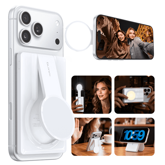 ULiXWH Portable Charger, Ultra Slim 5000mAh Magnetic Power Bank with Selfie Light & Stand, Selfie Ring Fill Light Fast Charging Wireless Battery Pack for iPhone Air/17/16 Pro Max White