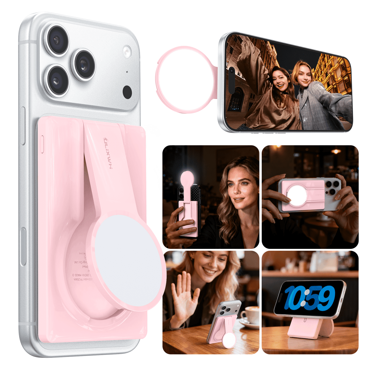 ULiXWH Portable Charger, Ultra Slim 5000mAh Magnetic Power Bank with Selfie Light & Stand, Selfie Ring Fill Light Fast Charging Wireless Battery Pack for iPhone Air/17/16 Pro Max Pink