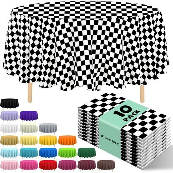 UM 10 Pack Premium Disposable Plastic Tablecloth 84" Round Table Cover for Birthdays Weddings Christmas Anniversary Buffet Table (Black and White Checkered)