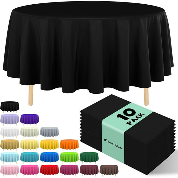 UM 10 Pack Premium Disposable Plastic Tablecloth 84" Round Table Cover for Birthdays Weddings Christmas Anniversary Buffet Table (Black)
