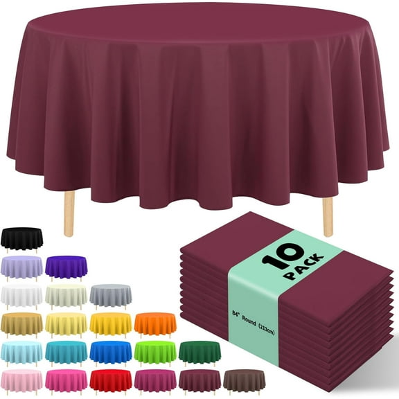 UM 10 Pack Premium Disposable Plastic Tablecloth 84" Round Table Cover for Birthdays Weddings Christmas Anniversary Buffet Table (Burgundy)