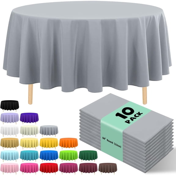 UM 10 Pack Premium Disposable Plastic Tablecloth 84" Round Table Cover for Birthdays Weddings Christmas Anniversary Buffet Table (Silver Grey)