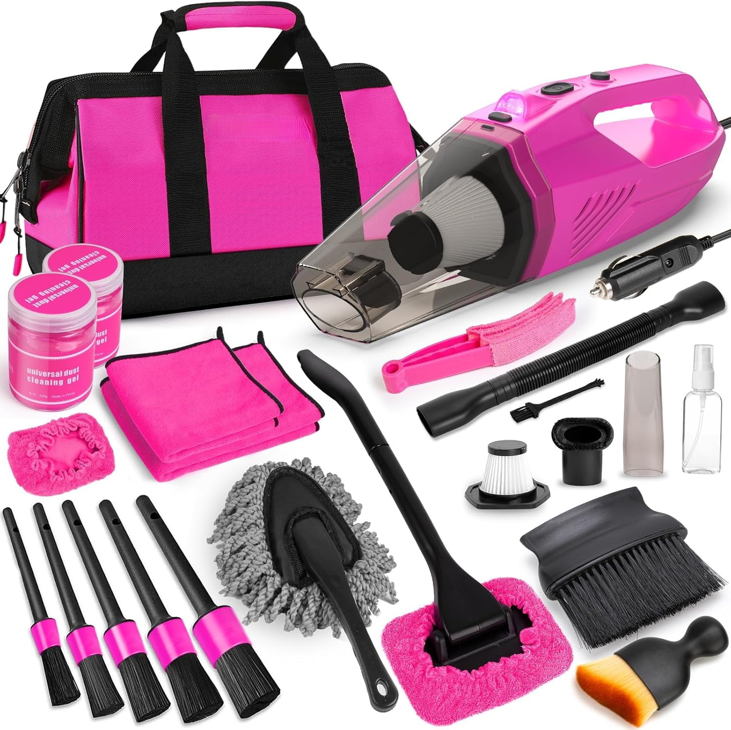 UM  Car Cleaning Kit, Car Vacuum Detailing Kit Interior with High Power Handheld Vacuum, Including 7Pcs Detailing Brush Set, Windshield Cleaner, Pink Car Accessories for Women