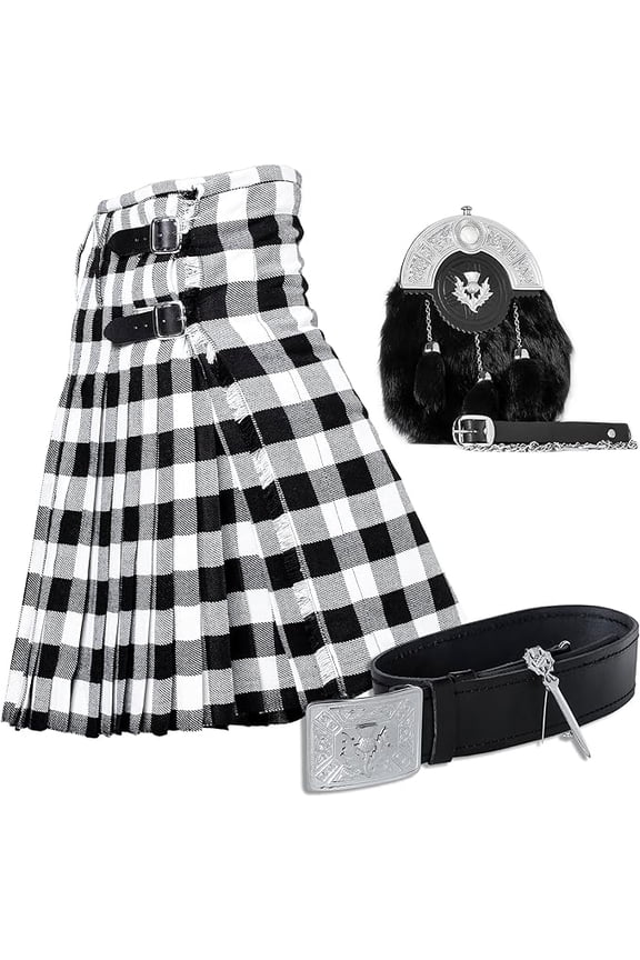 Tartan Kilt Set - 05 Pieces Kilt Accessories for Men, Scottish Outfit (Black & White Rob Roy, Belly Button Waist 36")