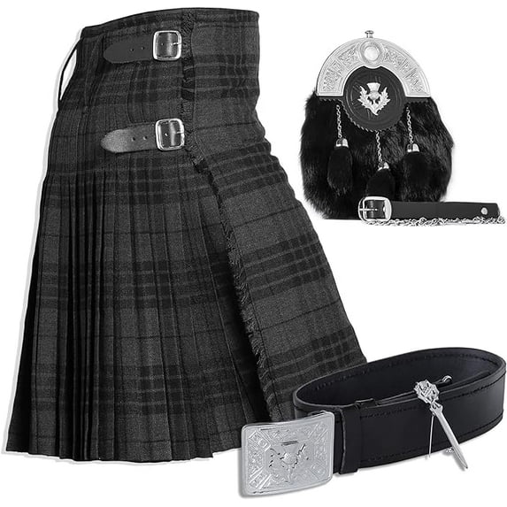 UMAM Tartan Kilt Set - 05 Pieces Kilt Accessories for Men, Scottish Outfit (Grey Watch Night, Belly Button Waist 30")
