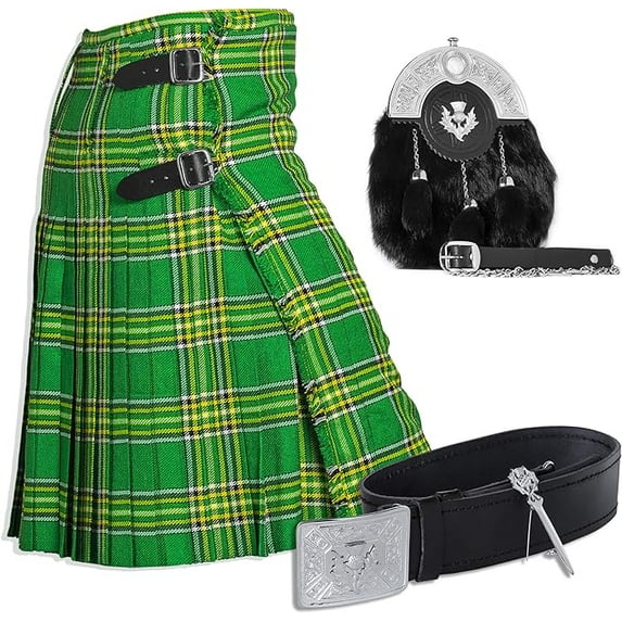 UMAM Tartan Kilt Set - 05 Pieces Kilt Accessories for Men, Scottish Outfit (Irish National, Belly Button Waist 50")