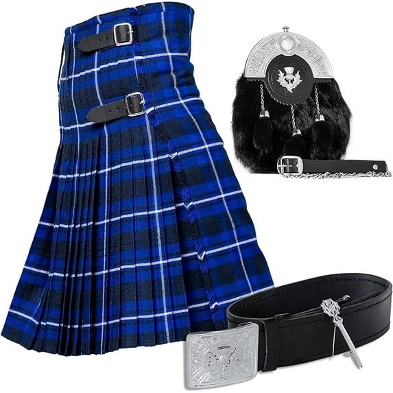 UMAM Tartan Kilt Set - 05 Pieces Kilt Accessories for Men, Scottish Outfit (Scottish Blue, Belly Button Waist 50")
