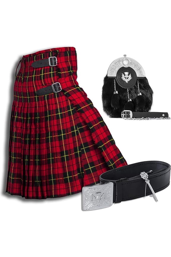 Tartan Kilt Set - 05 Pieces Kilt Accessories for Men, Scottish Outfit (Wallace, Belly Button Waist 52")