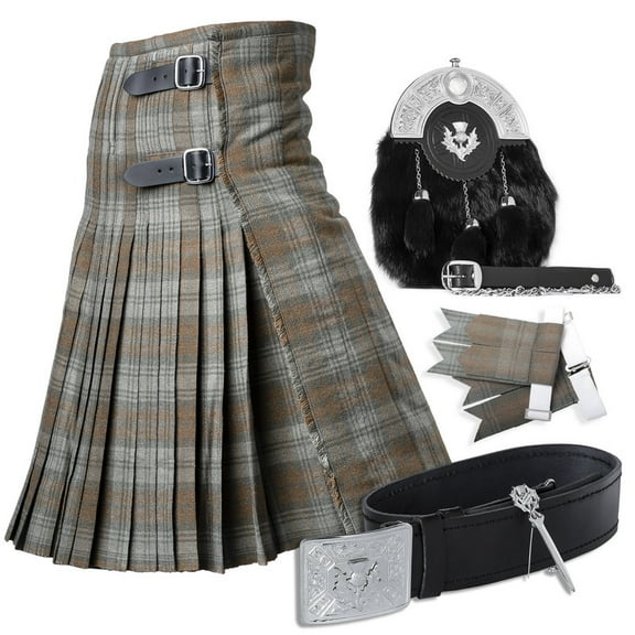 UMAM Tartan Kilt Set - 06 Pieces Kilt Accessories for Men, Scottish Outfit (Black Watch Weathered, Belly Button Waist 32")