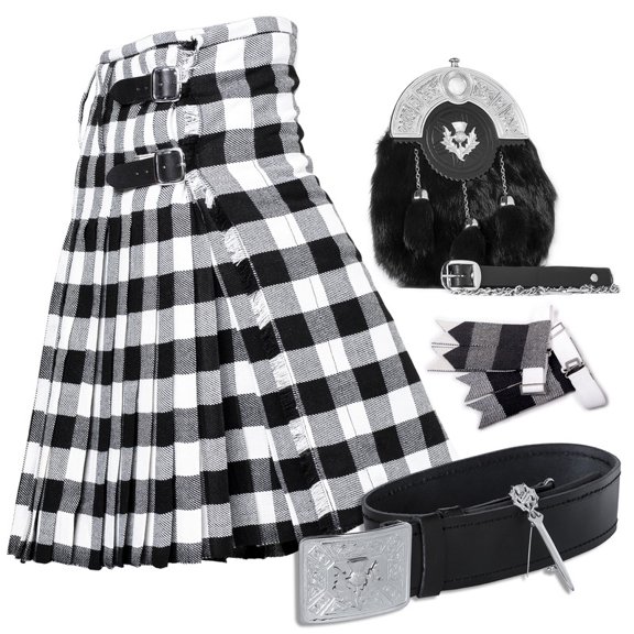 UMAM Tartan Kilt Set - 06 Pieces Kilt Accessories for Men, Scottish Outfit (Black & White Rob Roy, Belly Button Waist 34")