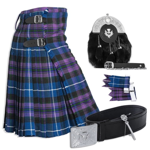UMAM Tartan Kilt Set - 06 Pieces Kilt Accessories for Men, Scottish Outfit (Pride of Scotland, Belly Button Waist 28")