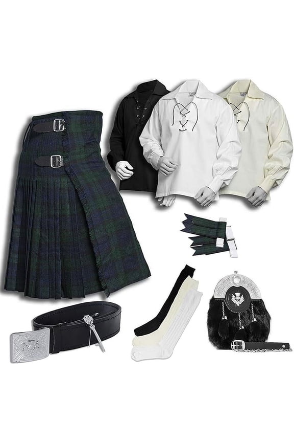 Tartan Kilt Set - 08 Pieces Kilt Accessories for Men, Scottish Outfit (Black Watch Weathered, Belly Button Waist 54")