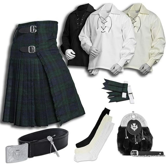 UMAM Tartan Kilt Set - 08 Pieces Kilt Accessories for Men, Scottish Outfit (Macdonald, Belly Button Waist 54")