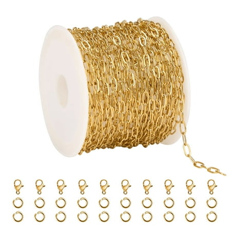 UMAOKANG 5 Meters Stainless Steel Paper Clip Chain for Jewelry Making Gold Cable DIY Craft Jewelry Making Chains Bulk with Lobster Clasps and Open Jump Rings
