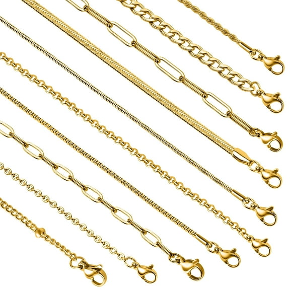 UMAOKANG Set of 10 Gold Filled DIY Chains Necklace Bulk Various Styles Stainless Steel Chains with Lobster Clasps for Jewelry Making