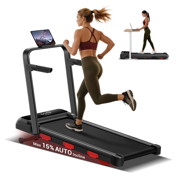 UMAY 15% Auto Incline Under Desk Walking Pad, 12-Level, Foldable with Handrails, 43″ High Armrests, Portable for Home