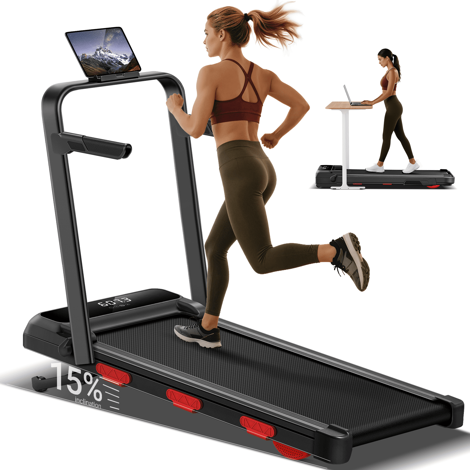 UMAY 15% Auto Incline Under Desk Walking Pad, 12-Level, Foldable with Handrails, 43″ High Armrests, Portable for Home